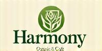 Organic-inspired logo for 'Harmony Organics & Cafe' with a leafy green branch design. Represents partnership with local healthy food and lifestyle businesses.