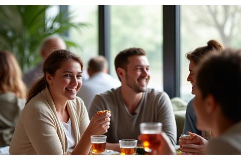 A vibrant community gathering in a clean, modern, and light-filled space, featuring diverse adults (mid-30s to 60s) engaged in discussion and laughter. There are healthy refreshments on tables. The atmosphere is warm, supportive, and inclusive, reflecting active participation.