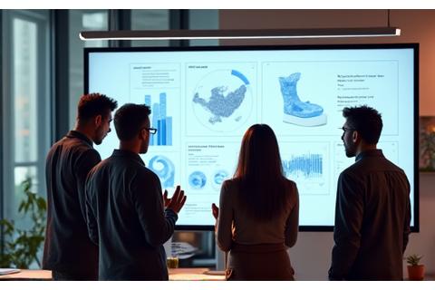 A diverse team of wellness and tech professionals (3-4 people, mid-30s to 50s) collaborating around a large screen displaying complex data visualizations and UI wireframes. The office environment is modern, filled with natural light, and green accents. There are whiteboards with diagrams and healthy snacks on a table.