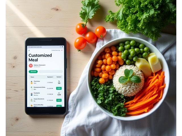 A vibrant, healthy meal bowl with fresh ingredients, next to a tablet displaying a customized meal plan.