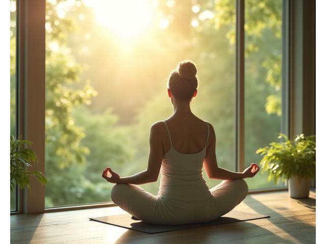 A serene person meditating in a peaceful, natural setting, symbolizing stress relief.
