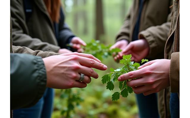 A small group of adults learning about local edible plants during a foraging workshop in an Oregon forest, hands gently touching leaves.