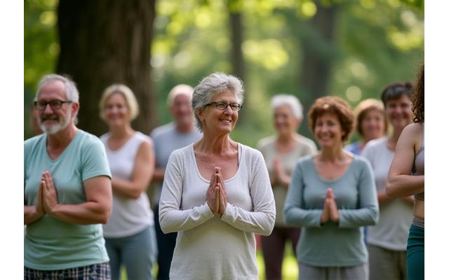 A diverse group of adults practicing outdoor yoga in a lush Portland park, bathed in warm sunlight.