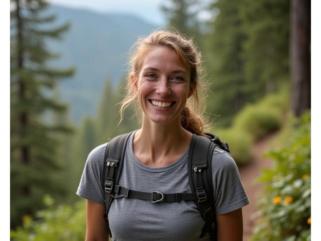 Portrait of Sarah M., a vibrant woman in her 40s, hiking in the Columbia River Gorge, smiling radiantly.