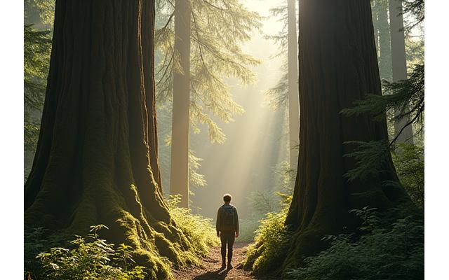 A person stands mindfully among tall, moss-covered trees in a lush Pacific Northwest forest, rays of sunlight filtering through the canopy, embodying forest bathing.