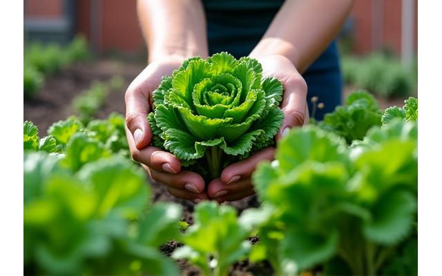 A close-up of hands tending to vibrant green leafy vegetables in a raised garden bed in an urban setting, representing urban farming.